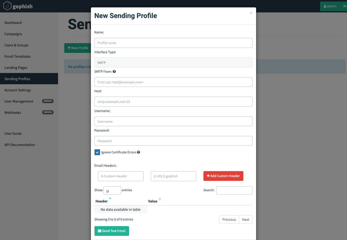 GoPhish sending profile