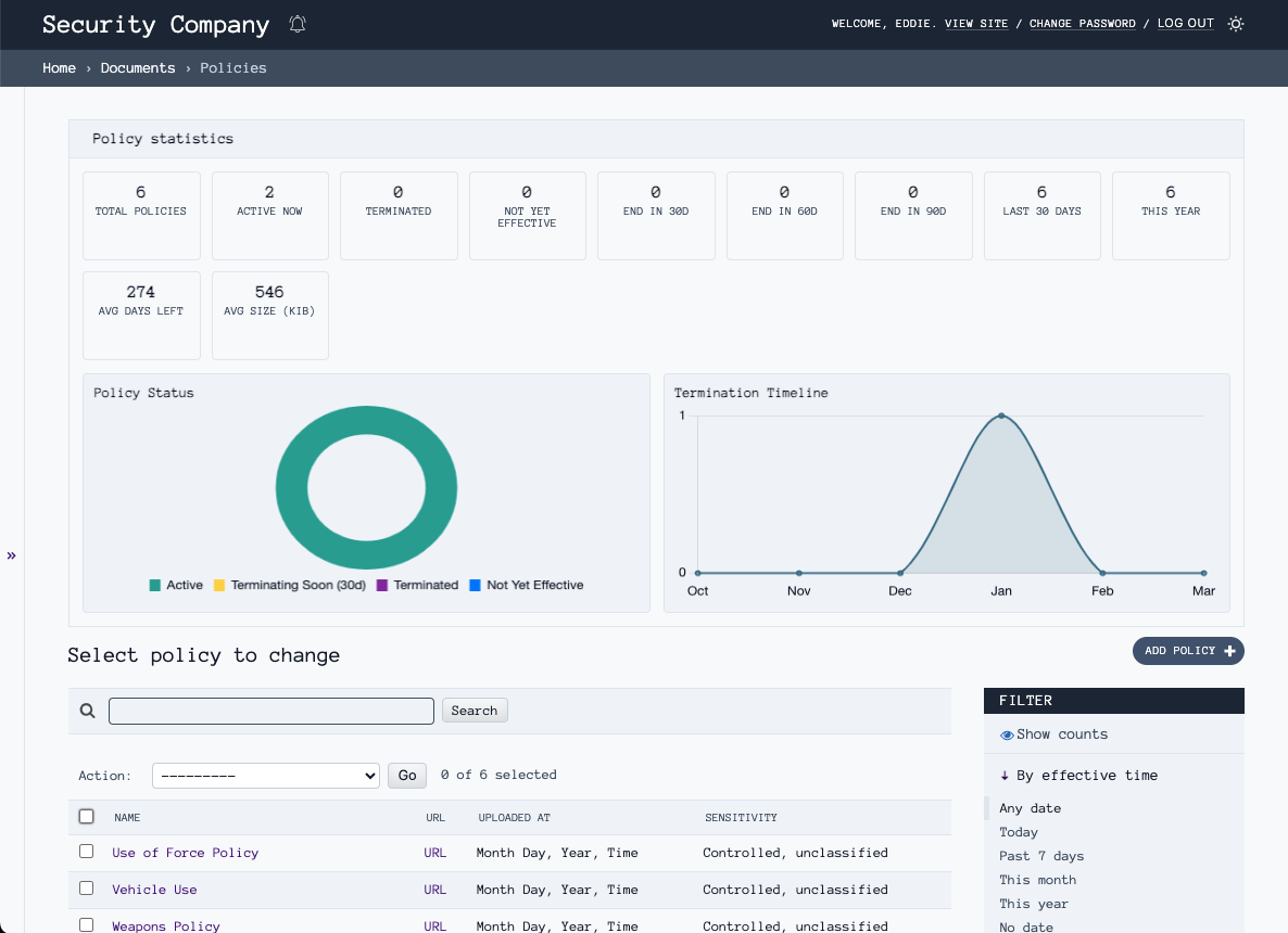 Policy management dashboard
