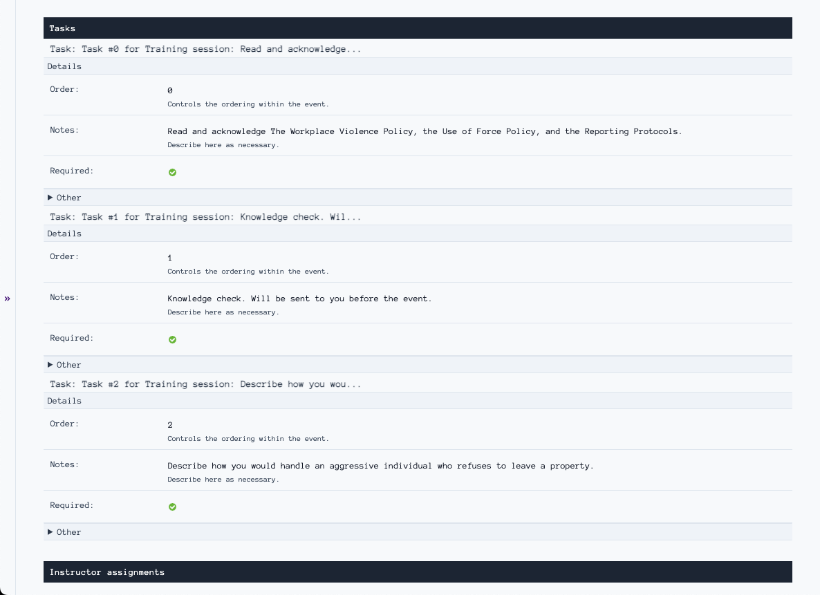 Training compliance tasks dashboard