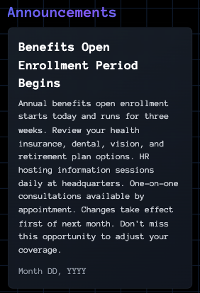 User announcements section